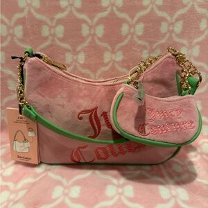 Juicy Couture Pink Suede Shoulder Bag with Green Trim and Gold Chain